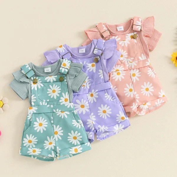 Barboteuse d'été à manches courtes pour bébés filles, ensemble de shorts à bretelles College de fleurs, vêtements pour tout-petits de 0 à 18 mois
