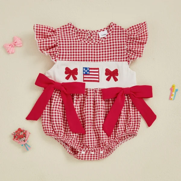 MISOWMNJOY mignon été bébé filles barboteuses fête de l'indépendance vêtements drapeau lettre broderie Plaid mouche manches enfants body