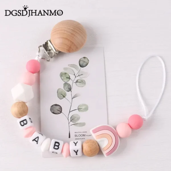 Porte-sucette personnalisé avec nom, chaîne en bois de hêtre fait à la main, anneau de dentition en Cilicone, jouet de dentition pour bébé, cadeau à mâcher pour nouveau-né