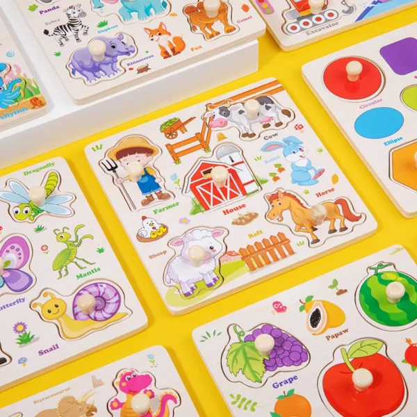 Wooden Puzzle Montessori Toys for Kids Cartoon Animal Traffic Hand Grab Boards Early Learning Educational Toys for Children - Image 3